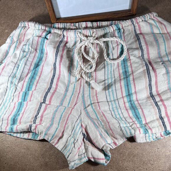Mossimo Supply Women's Linen Blend Drawstring Shorts Sz Small Striped Pockets - Picture 3 of 5